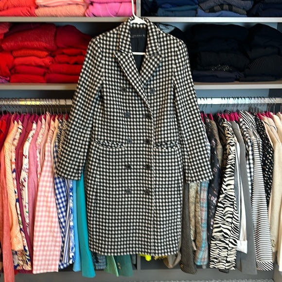 Zara Woman black/white gingham double breasted long coat size XS